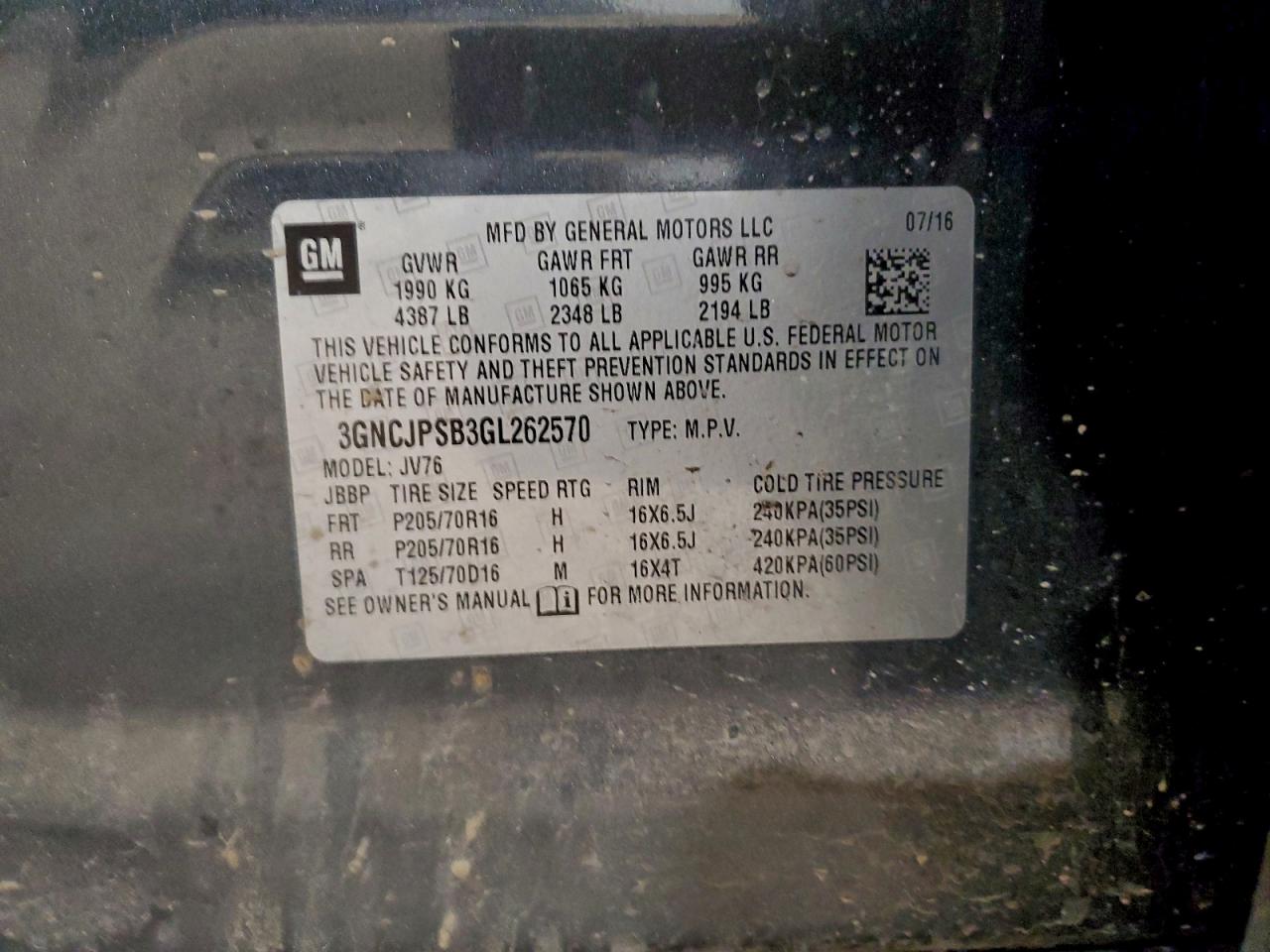 2016 Chevrolet Trax 1Lt VIN: 3GNCJPSB3GL262570 Lot: 92795455