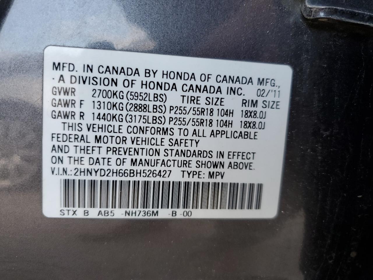 2011 Acura Mdx Technology VIN: 2HNYD2H66BH526427 Lot: 91704255