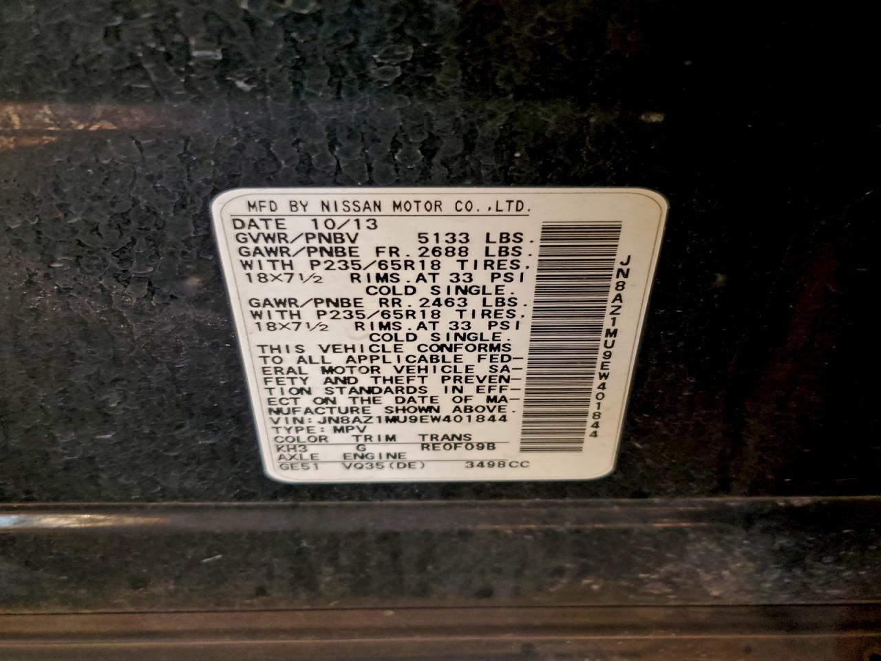 2014 Nissan Murano S VIN: JN8AZ1MU9EW401844 Lot: 93789365