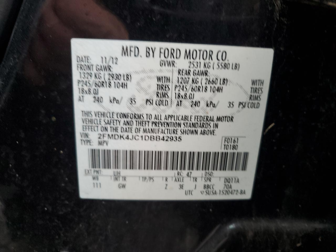 2013 Ford Edge Sel VIN: 2FMDK4JC1DBB42935 Lot: 91631255