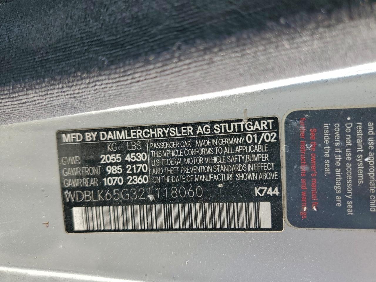 2002 Mercedes-Benz Clk 320 VIN: WDBLK65G32T118060 Lot: 93620155