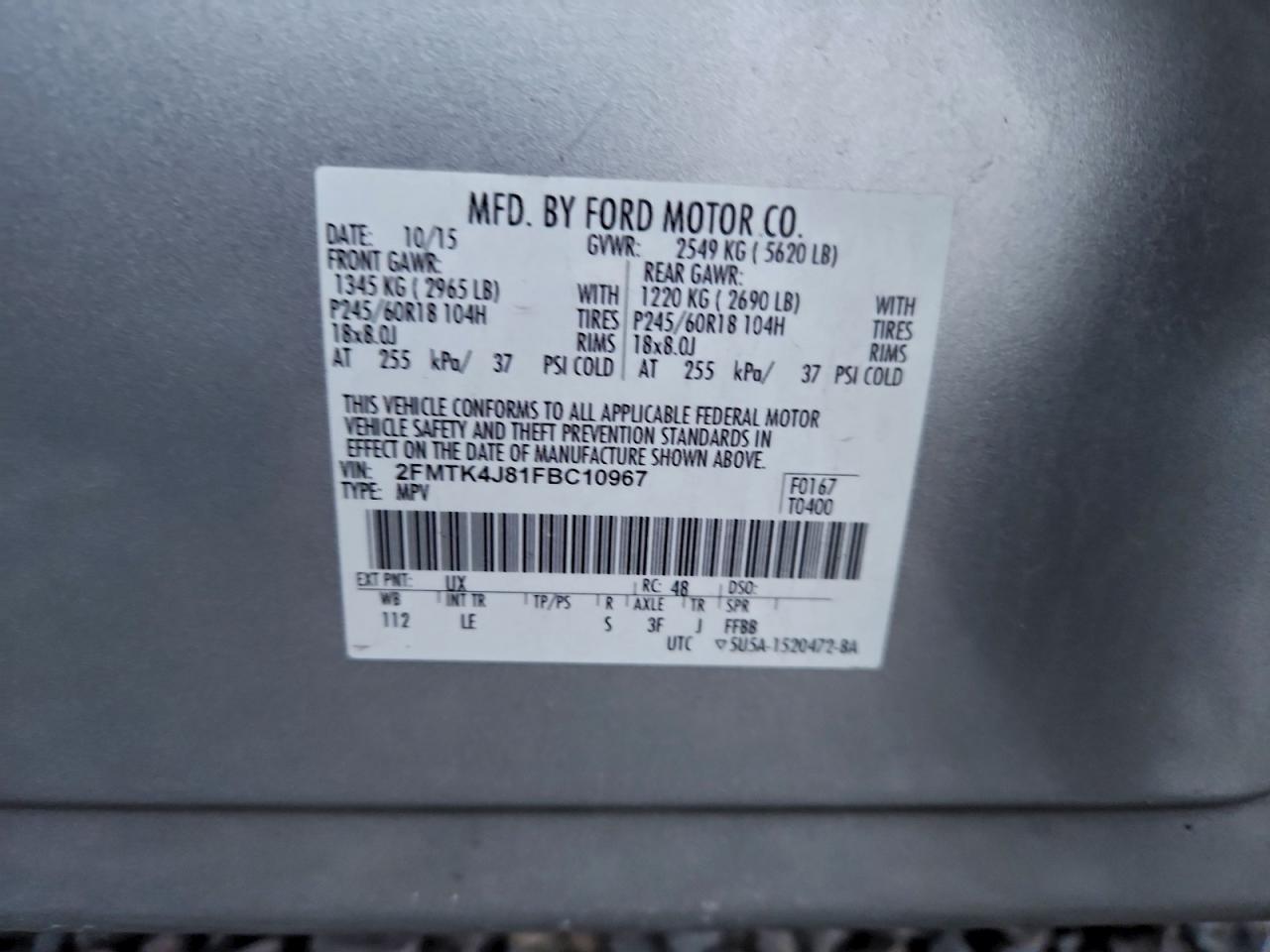 2015 Ford Edge Sel VIN: 2FMTK4J81FBC10967 Lot: 94470545