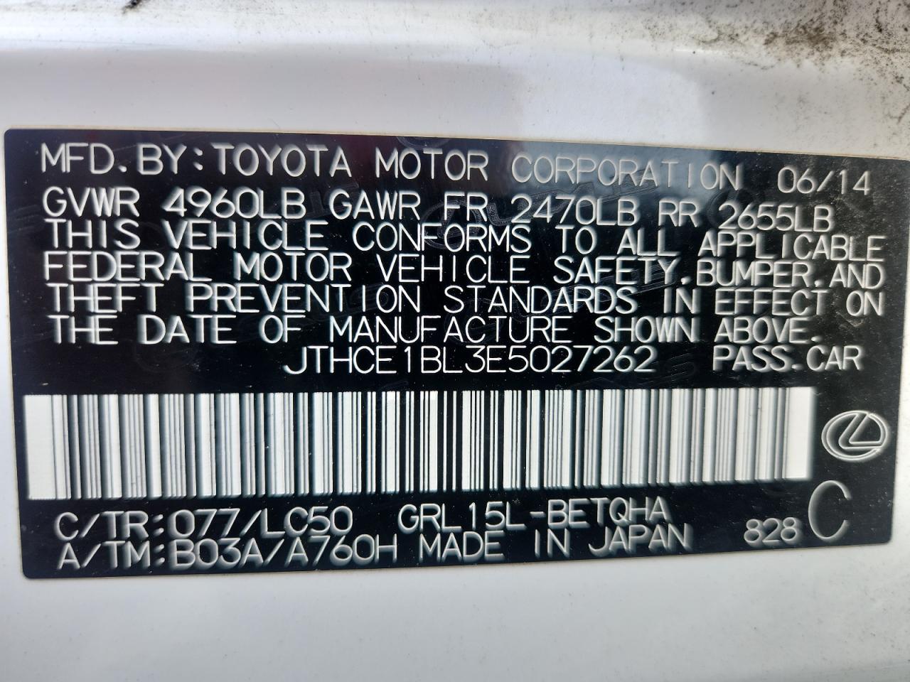 2014 Lexus Gs 350 VIN: JTHCE1BL3E5027262 Lot: 91802875