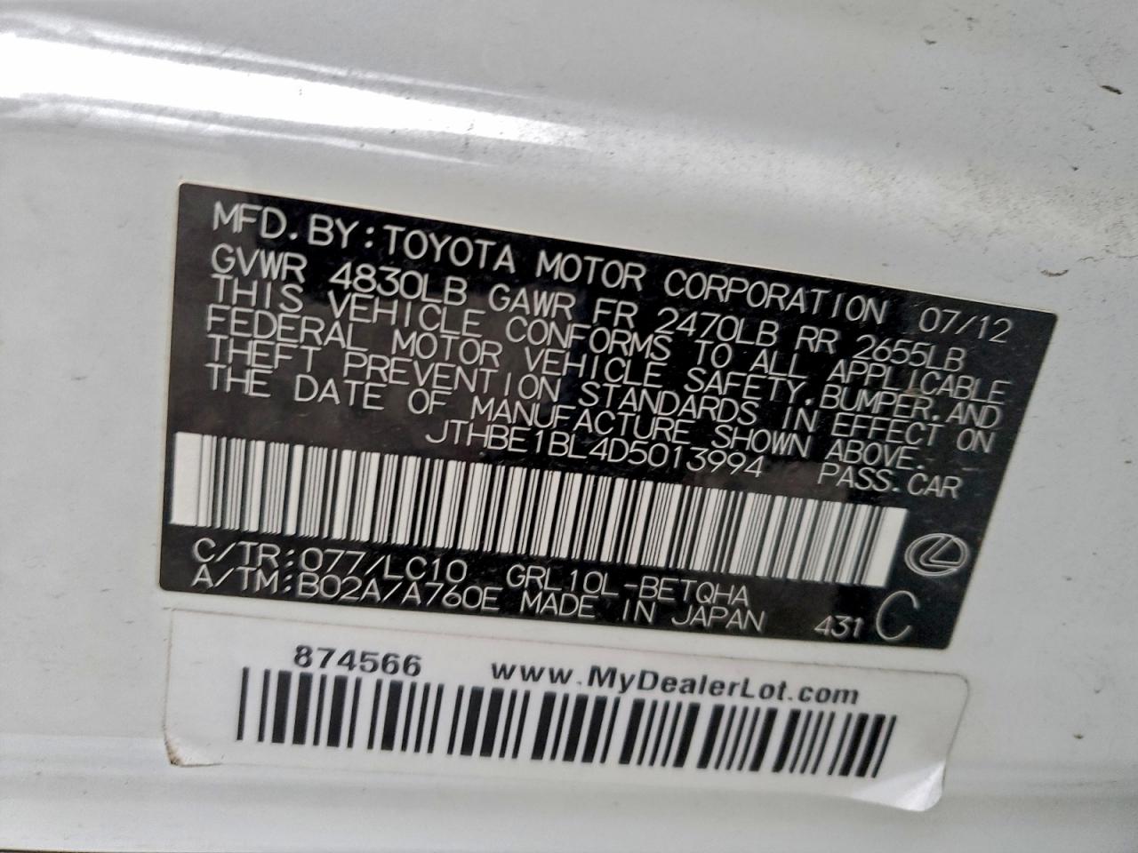 2013 Lexus Gs 350 VIN: JTHBE1BL4D5013994 Lot: 94924375