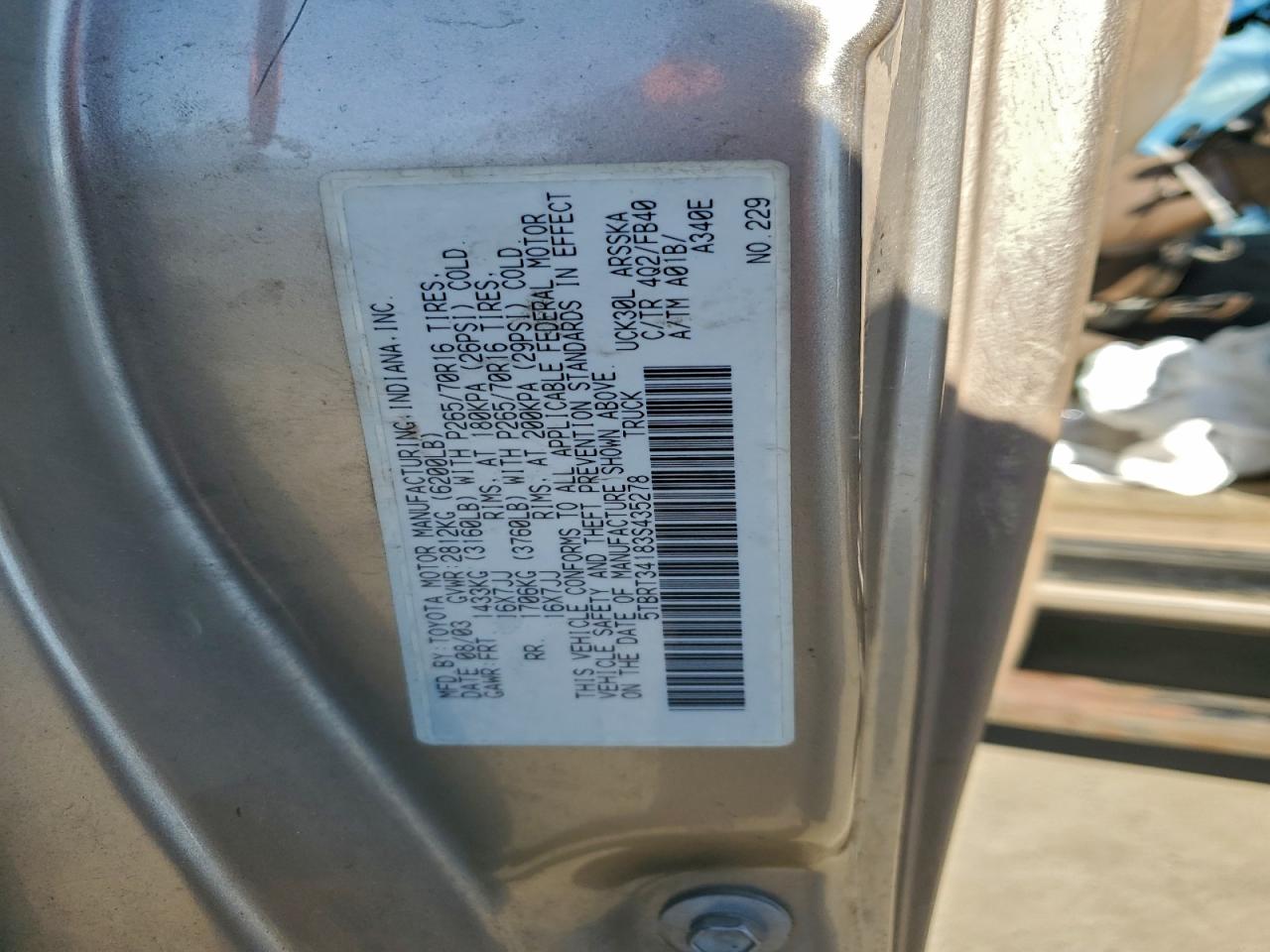 2003 Toyota Tundra Access Cab Sr5 VIN: 5TBRT34183S435278 Lot: 92740595