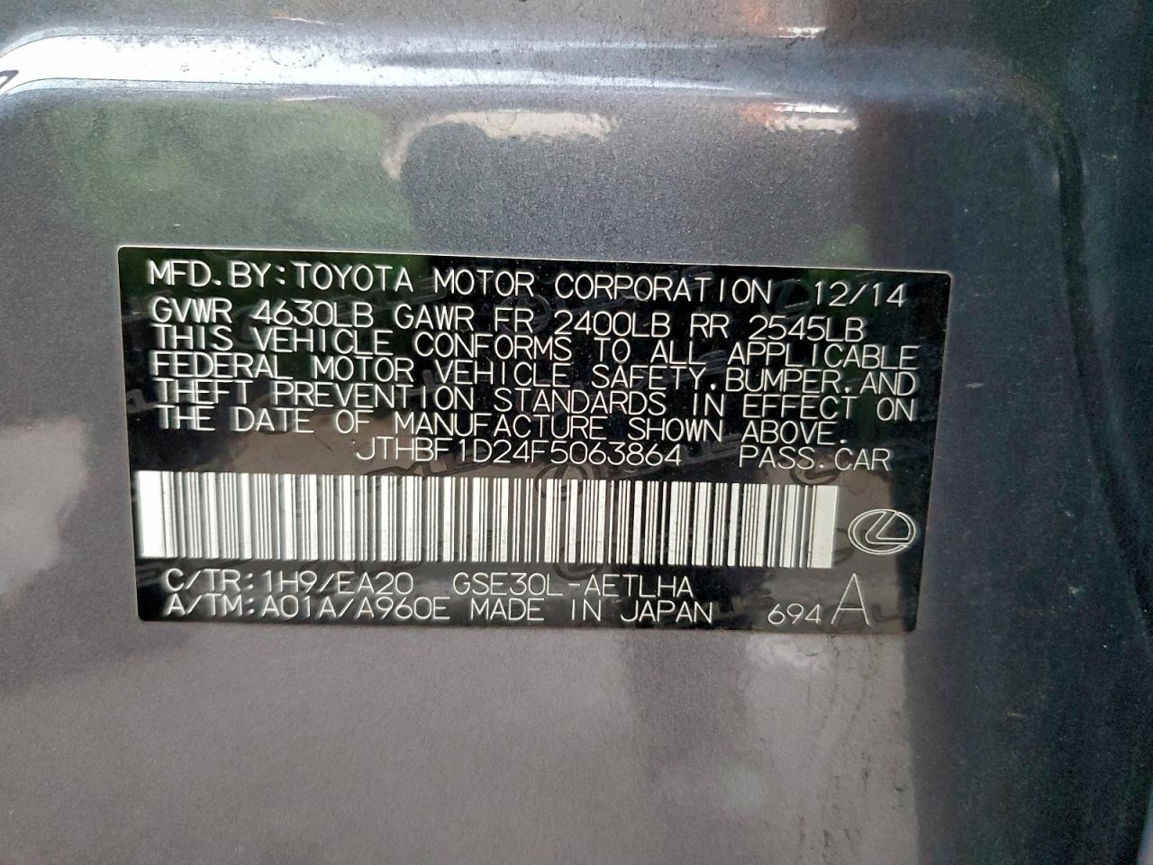 2015 Lexus Is 250 VIN: JTHBF1D24F5063864 Lot: 94139115