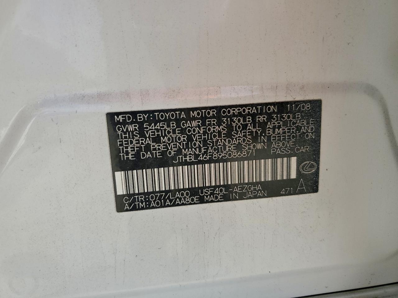 2009 Lexus Ls 460 VIN: JTHBL46F895086871 Lot: 93187705