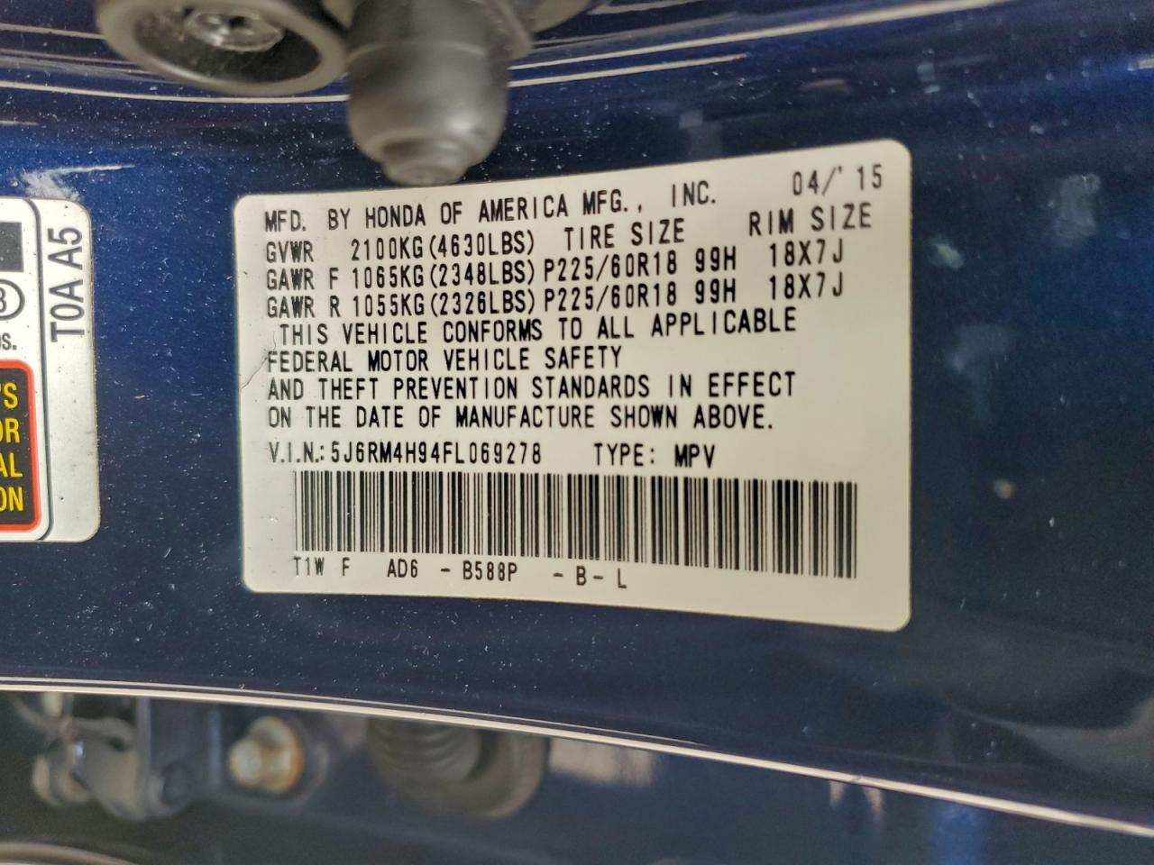 2015 Honda Cr-V Touring VIN: 5J6RM4H94FL069278 Lot: 93948695