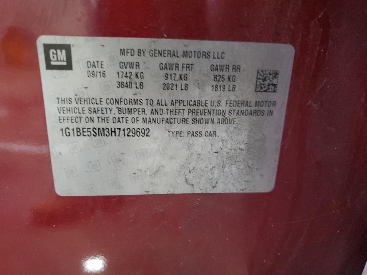 2017 Chevrolet Cruze Lt VIN: 1G1BE5SM3H7129692 Lot: 91463815