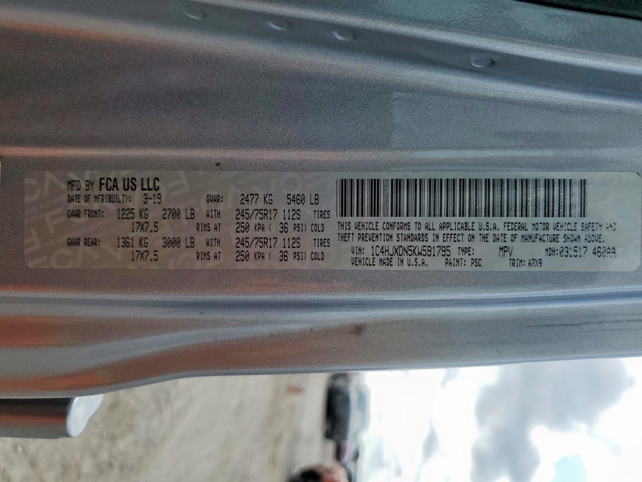 2019 Jeep Wrangler Unlimited Sport VIN: 1C4HJXDN5KW591795 Lot: 92514905