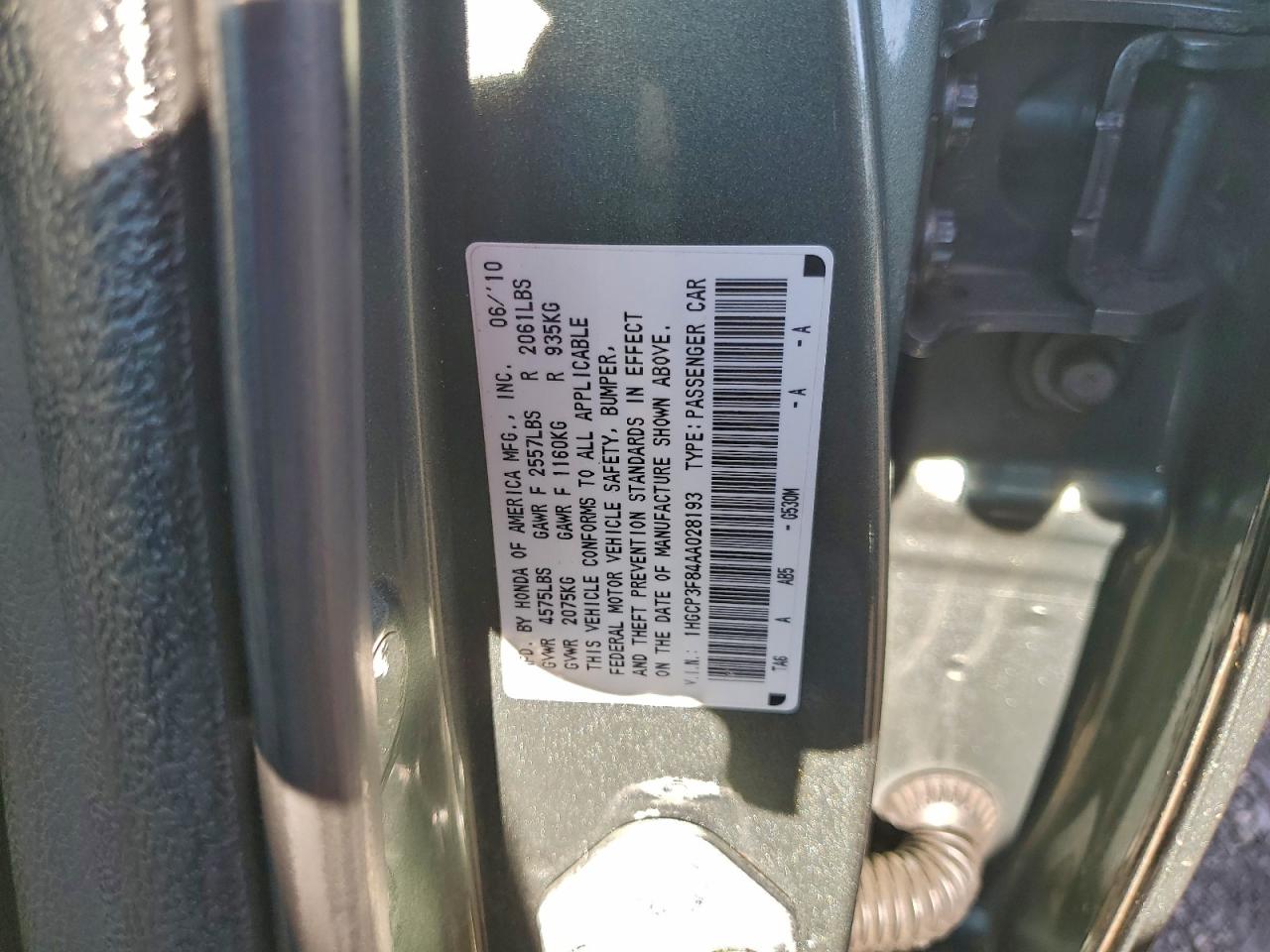 2010 Honda Accord Exl VIN: 1HGCP3F84AA028193 Lot: 94593705