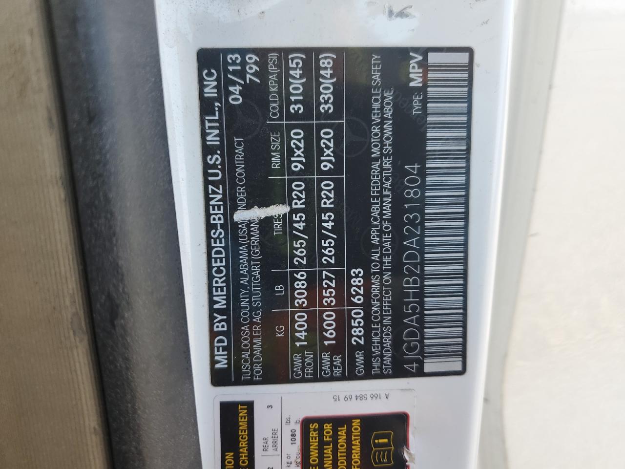 2013 Mercedes-Benz Ml 350 4Matic VIN: 4JGDA5HB2DA231804 Lot: 92365275