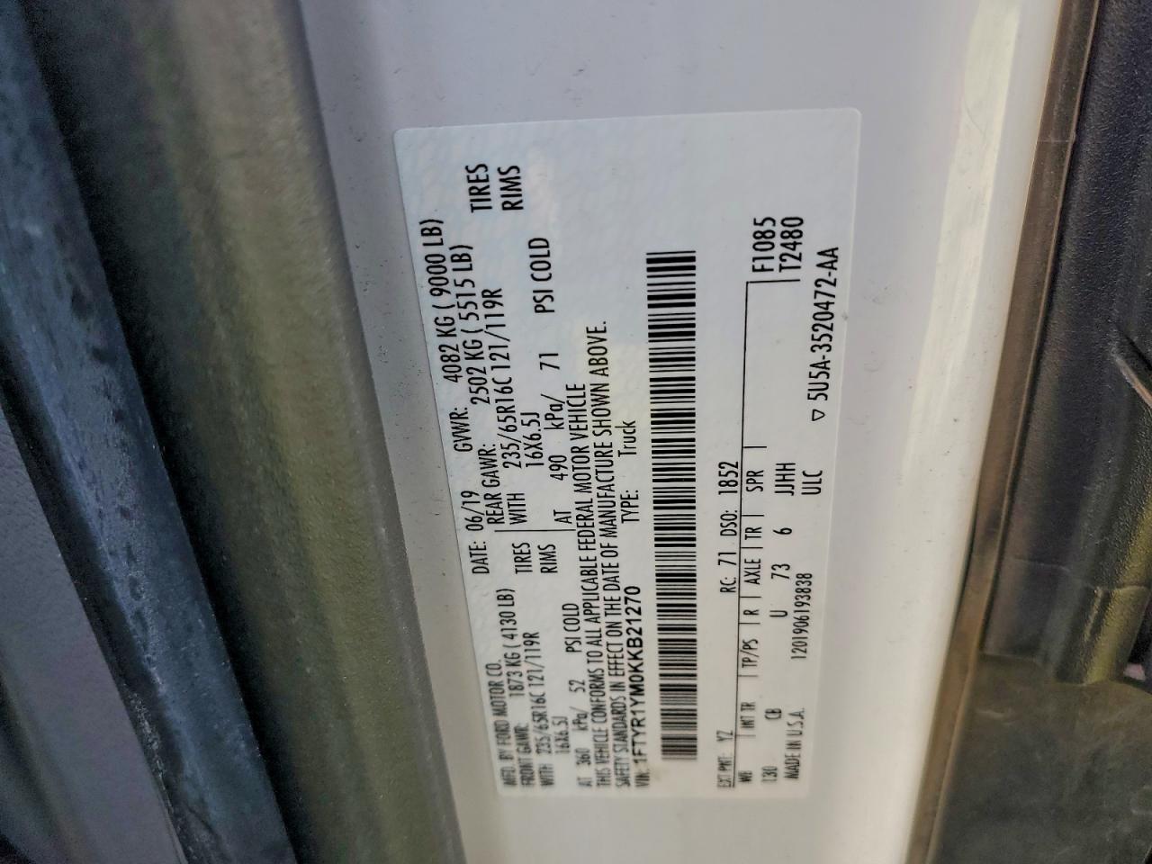 2019 Ford Transit T-250 VIN: 1FTYR1YM0KKB21270 Lot: 94142725