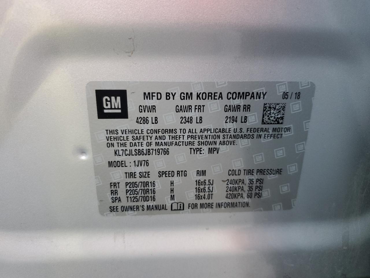 2018 Chevrolet Trax 1Lt VIN: KL7CJLSB6JB719766 Lot: 92209675