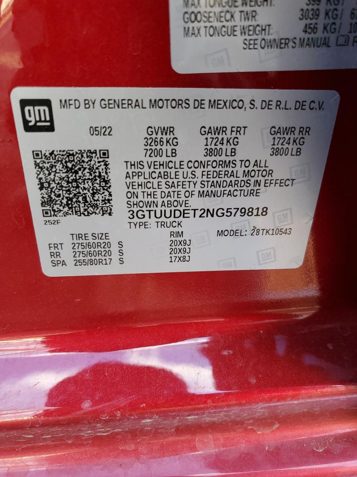 2022 GMC Sierra K1500 Slt VIN: 3GTUUDET2NG579818 Lot: 92442635