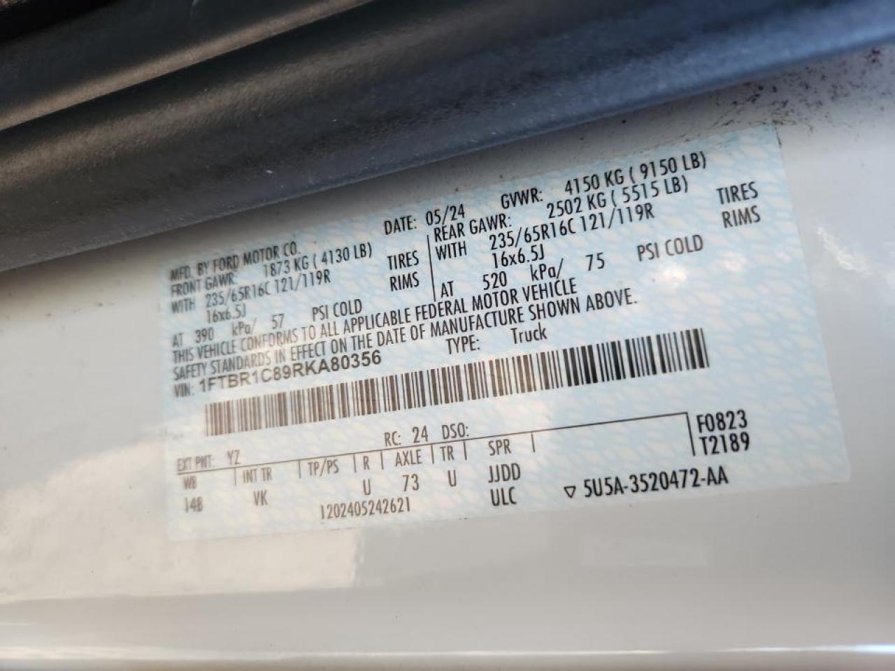 2024 Ford Transit T-250 Utility / Service Van VIN: 1FTBR1C89RKA80356 Lot: 92163025