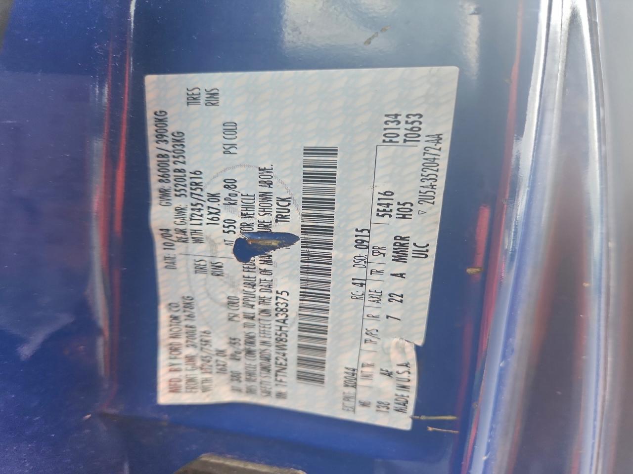 2005 Ford Econoline E250 Van VIN: 1FTNE24W85HA38375 Lot: 94543425