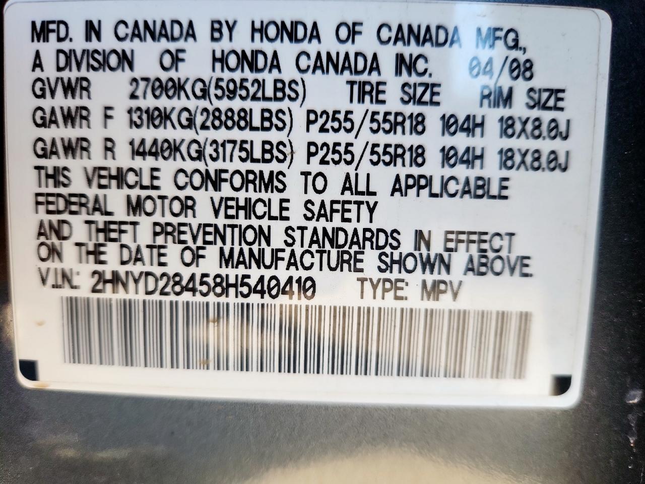 2008 Acura Mdx Technology VIN: 2HNYD28458H540410 Lot: 92022045