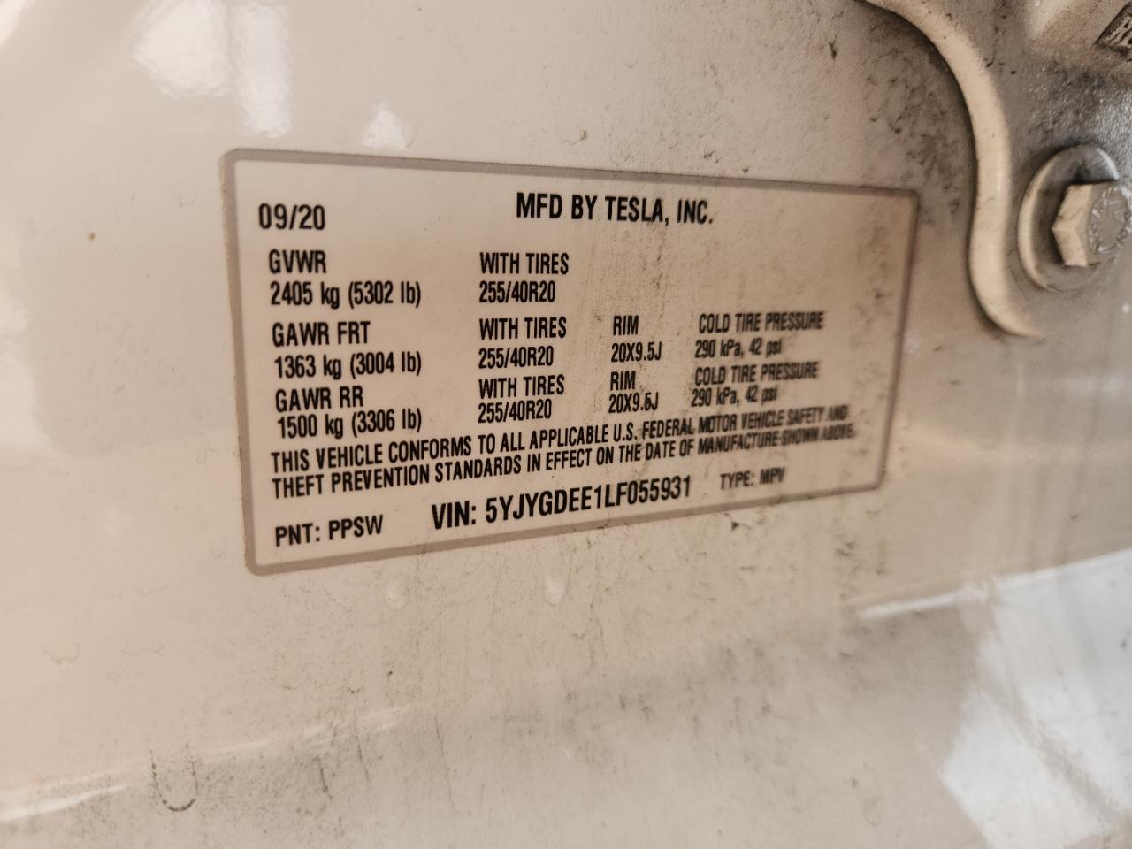 2020 Tesla Model Y VIN: 5YJYGDEE1LF055931 Lot: 93655545