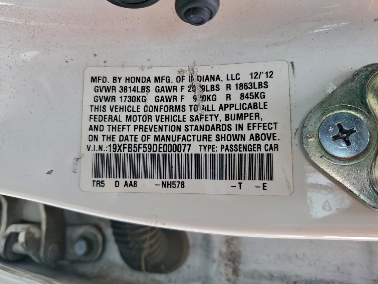 2013 Honda Civic Natural Gas VIN: 19XFB5F59DE000077 Lot: 94342045