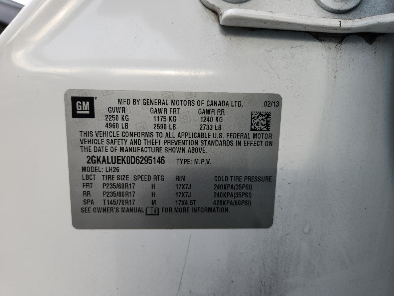 2013 GMC Terrain Slt VIN: 2GKALUEK0D6295146 Lot: 93741145