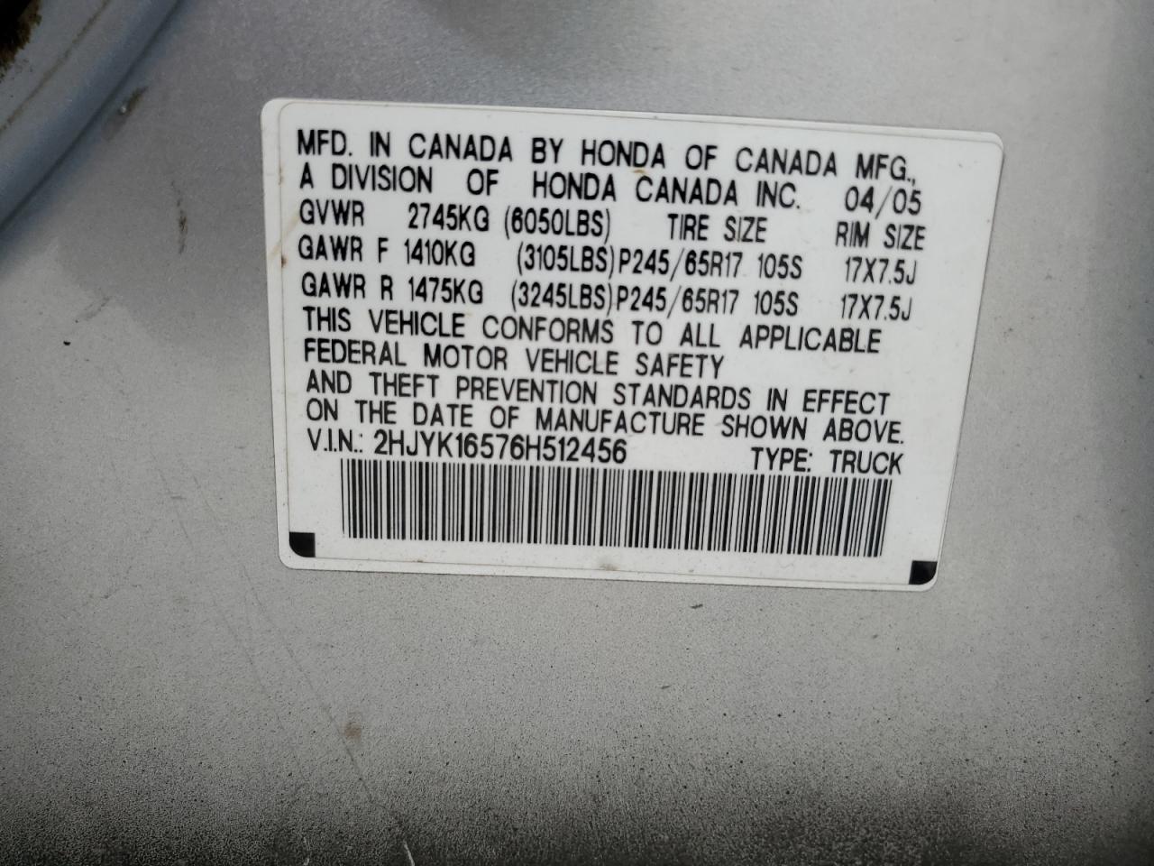 2006 Honda Ridgeline Rtl VIN: 2HJYK16576H512456 Lot: 91768905