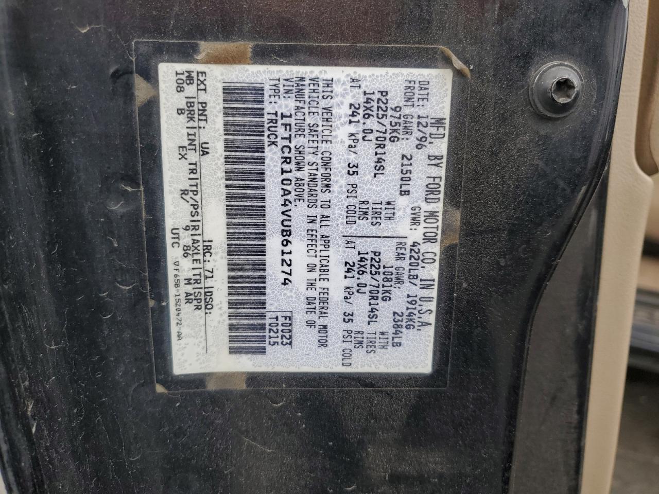 1997 Ford Ranger VIN: 1FTCR10A4VUB61274 Lot: 91309755