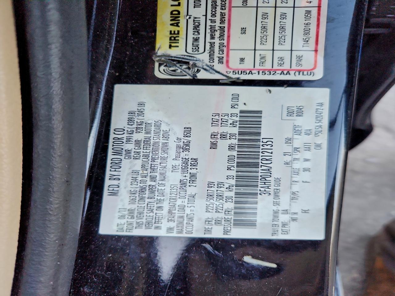 2012 Ford Fusion Sel VIN: 3FAHP0JA7CR121351 Lot: 94378555