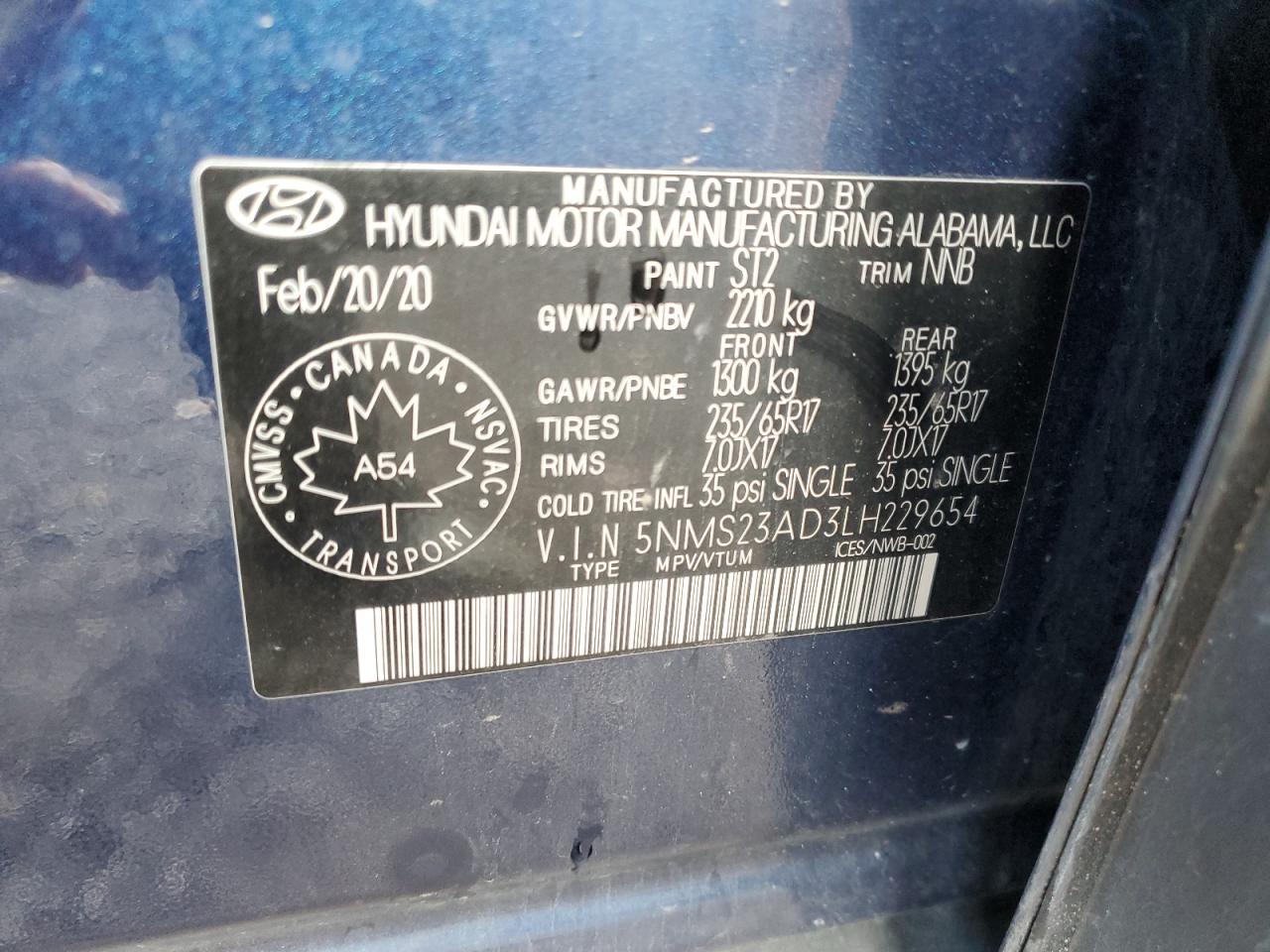 2020 Hyundai Santa Fe Se VIN: 5NMS23AD3LH229654 Lot: 91412355