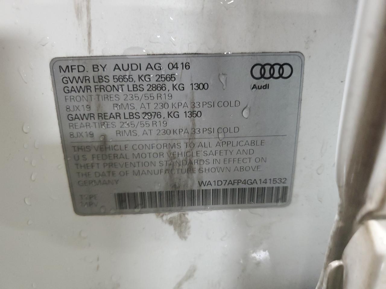 2016 Audi Q5 Premium Plus S-Line VIN: WA1D7AFP4GA141532 Lot: 92610735