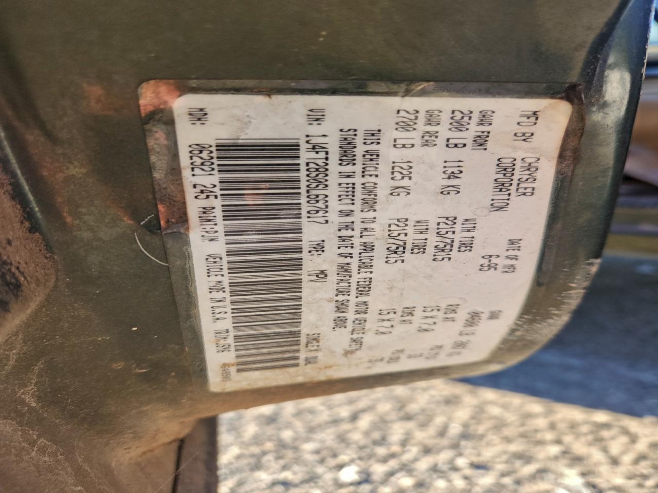 1995 Jeep Cherokee Se VIN: 1J4FT28S0SL667617 Lot: 91890105