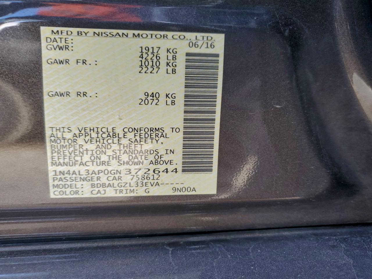 2016 Nissan Altima 2.5 VIN: 1N4AL3AP0GN372644 Lot: 94500755