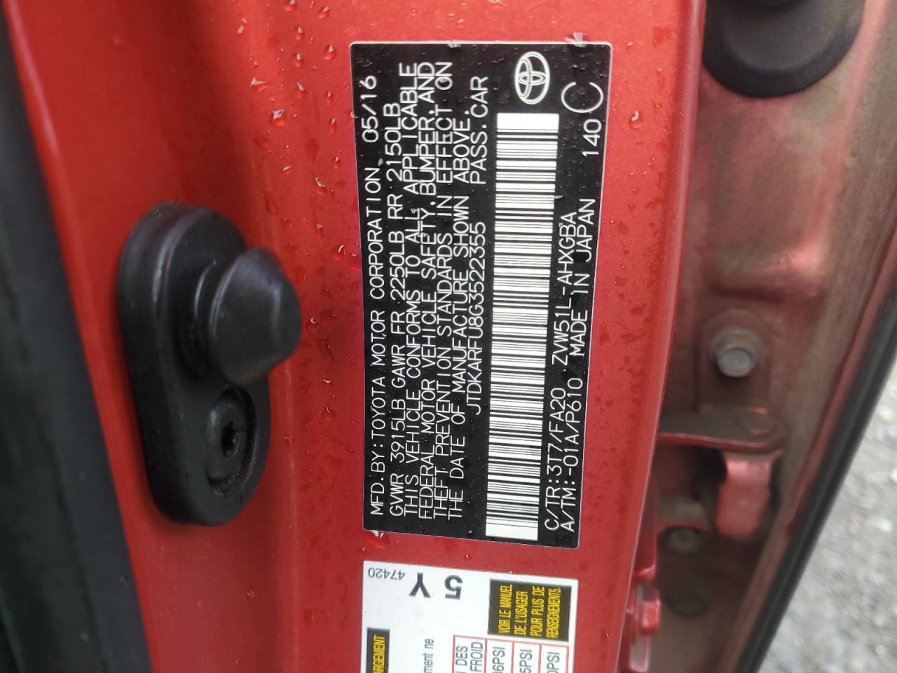 2016 Toyota Prius VIN: JTDKARFU8G3522355 Lot: 93088245