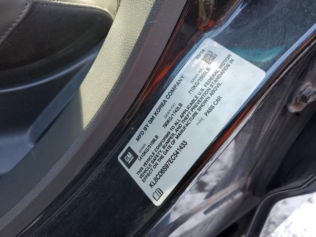 2014 Chevrolet Spark 1Lt VIN: KL8CD6S97EC541433 Lot: 91819865