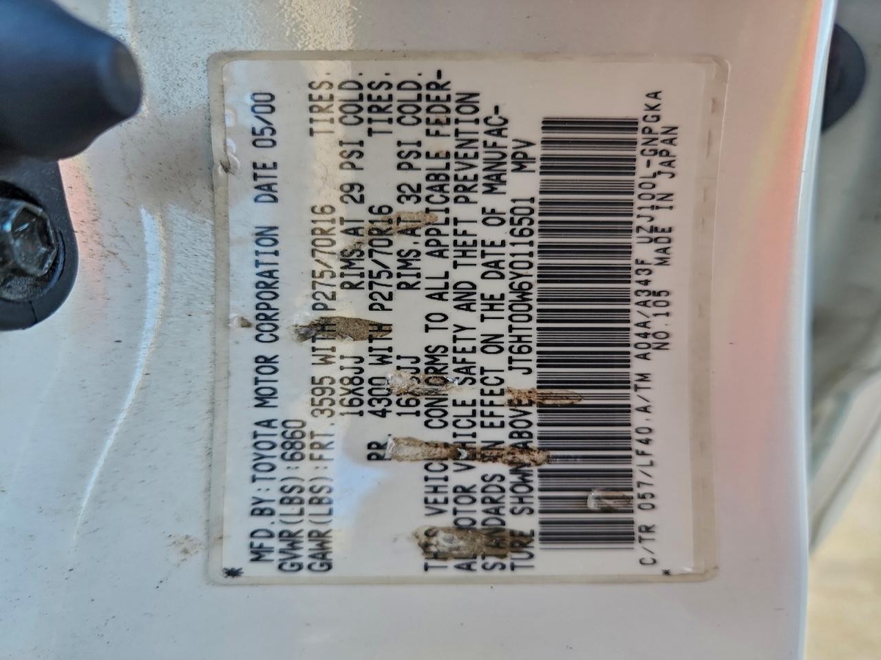 2000 Lexus Lx 470 VIN: JT6HT00W6Y0116501 Lot: 85179175