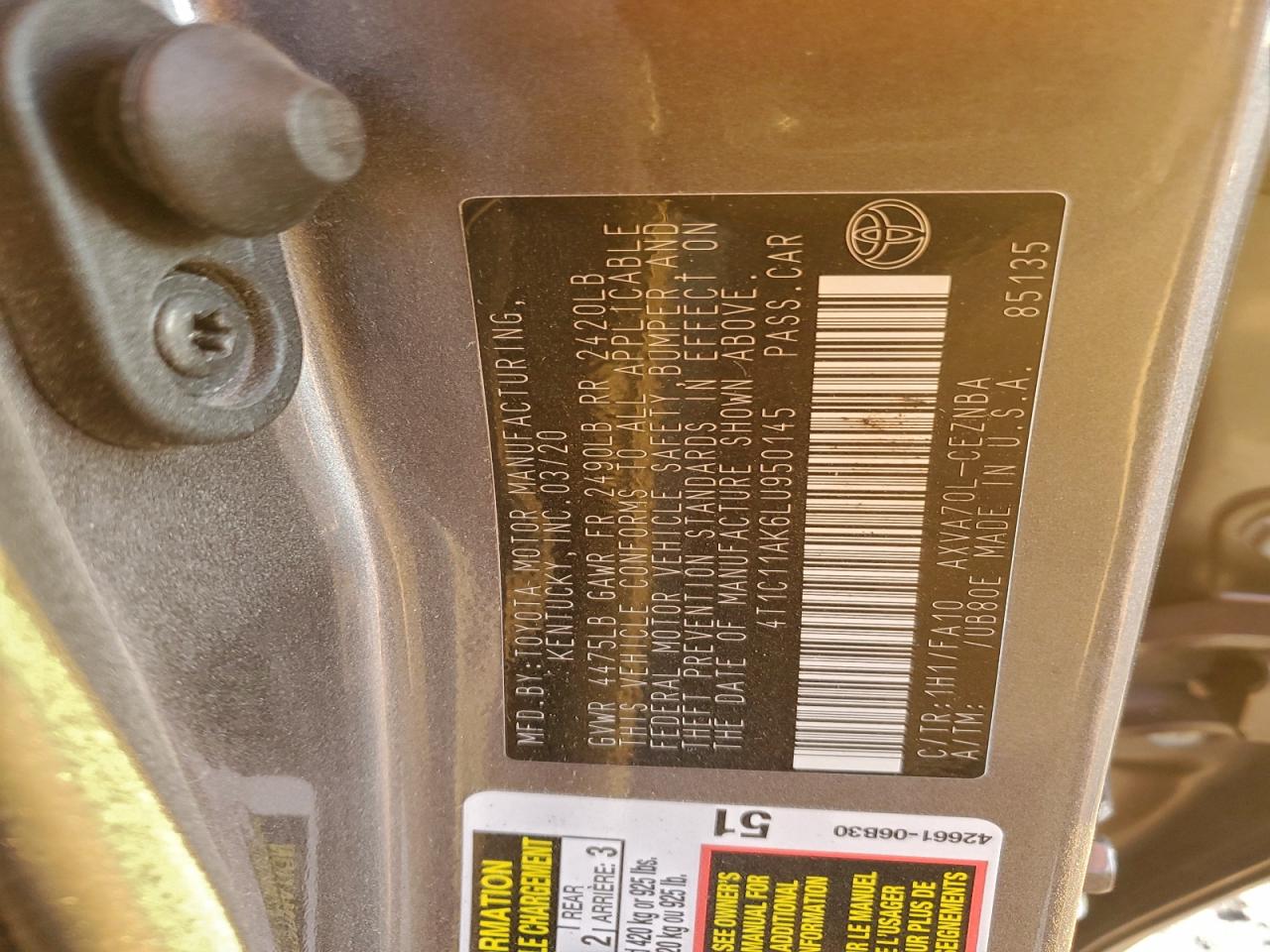 2020 Toyota Camry Le VIN: 4T1C11AK6LU950145 Lot: 93869645