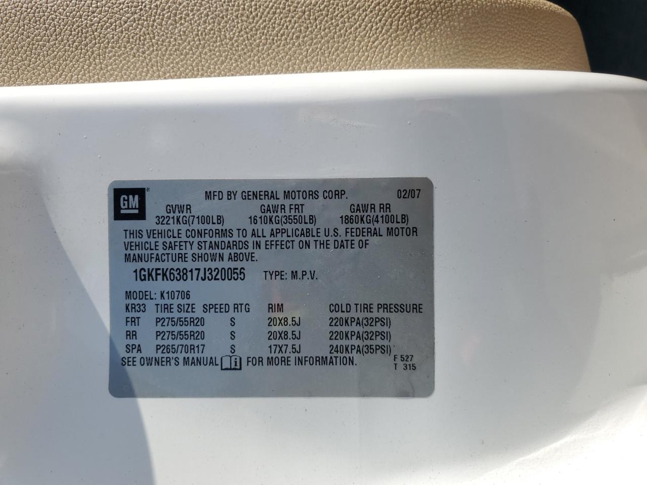 2007 GMC Yukon Denali VIN: 1GKFK63817J320056 Lot: 91459165