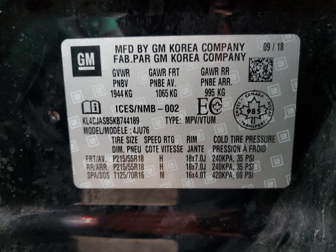 2019 Buick Encore Preferred VIN: KL4CJASB5KB744189 Lot: 85426195