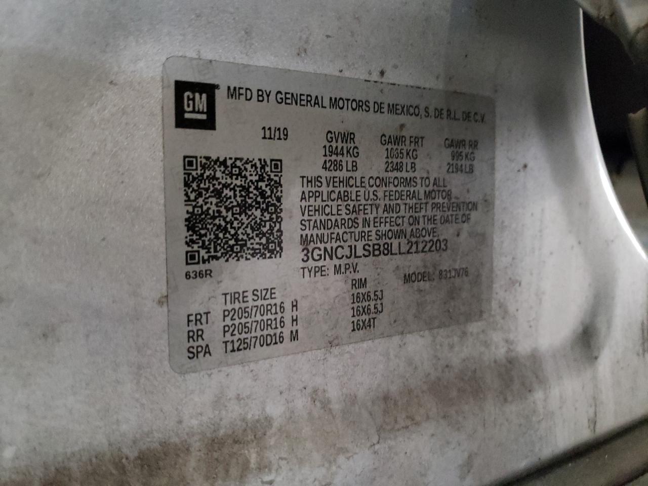 2020 Chevrolet Trax 1Lt VIN: 3GNCJLSB8LL212203 Lot: 91976625