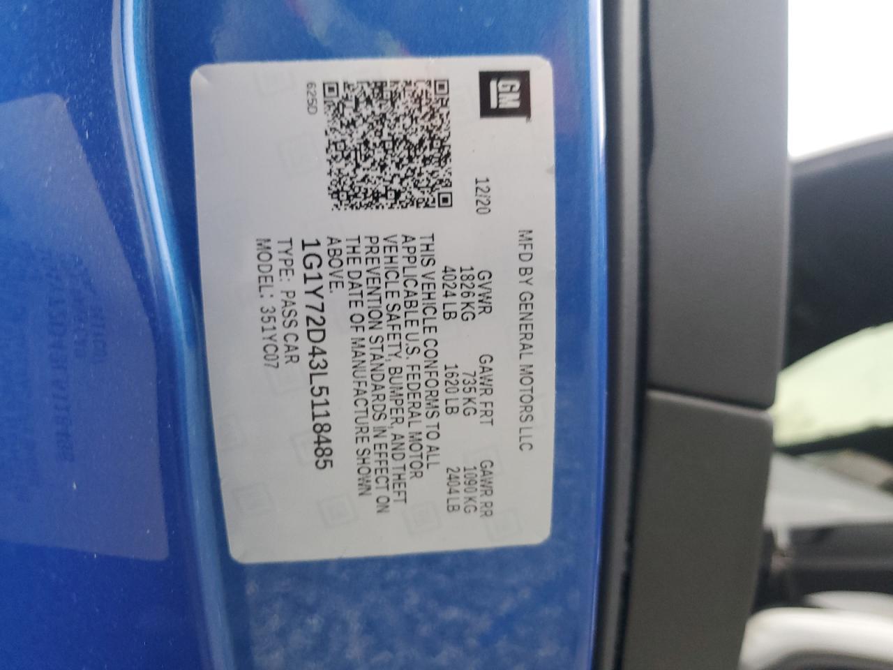 2020 Chevrolet Corvette Stingray 2Lt VIN: 1G1Y72D43L5118485 Lot: 92237655