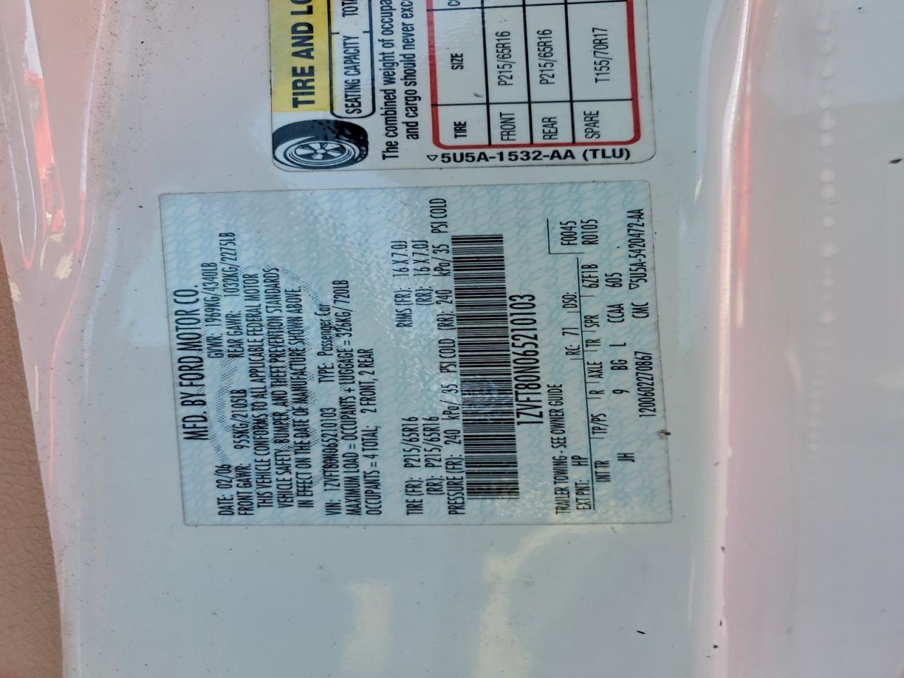 2006 Ford Mustang VIN: 1ZVFT80N065210103 Lot: 93942455