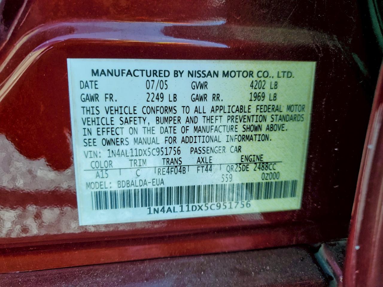 2005 Nissan Altima S VIN: 1N4AL11DX5C951756 Lot: 93860865