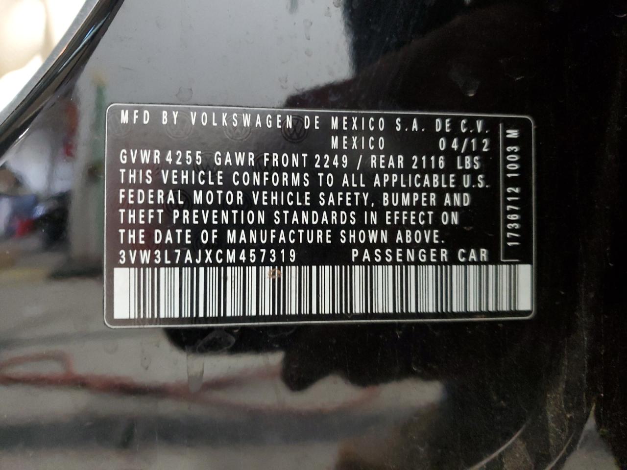 2012 Volkswagen Jetta Tdi VIN: 3VW3L7AJXCM457319 Lot: 92005145