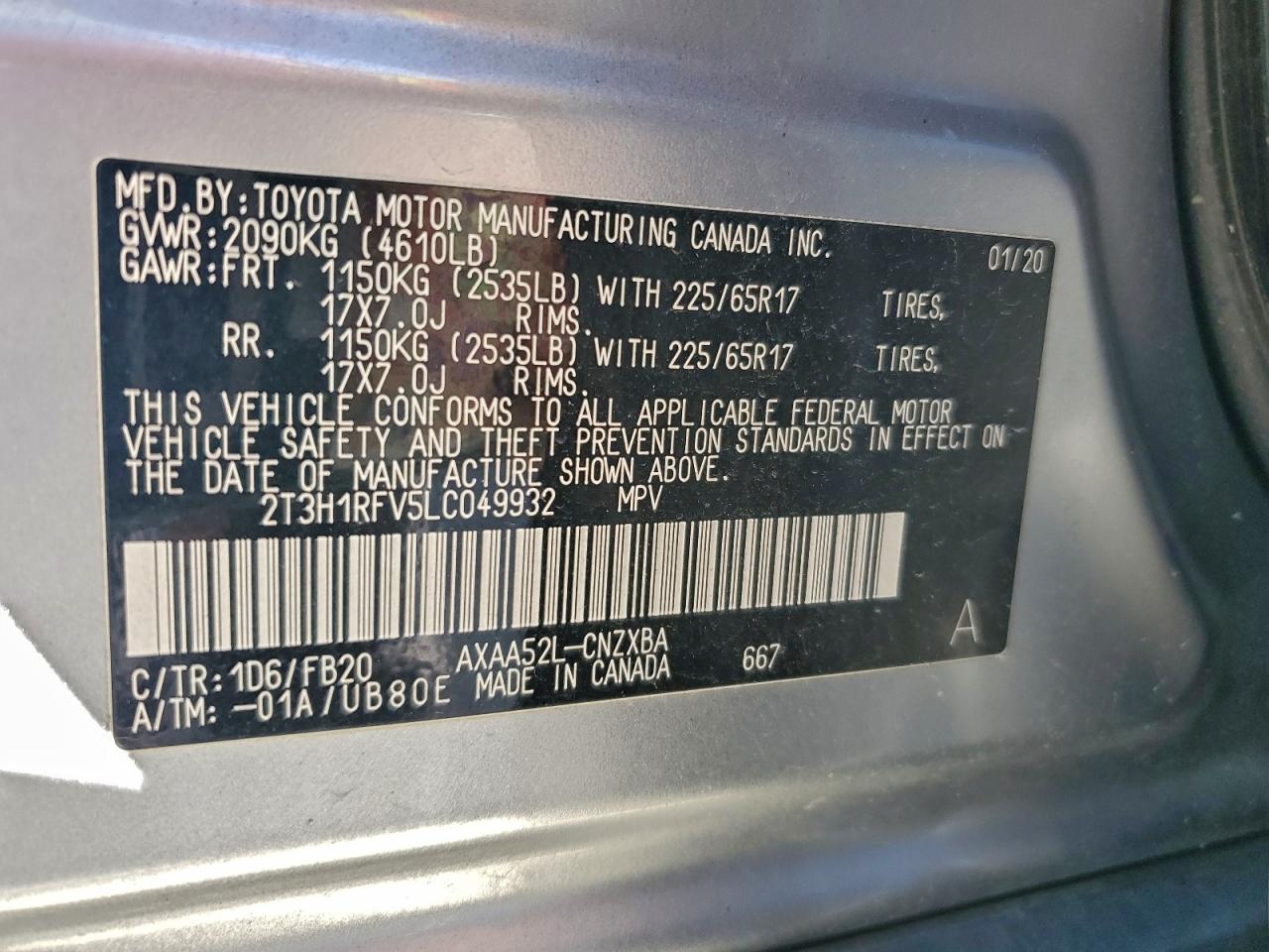 2020 Toyota Rav4 Le VIN: 2T3H1RFV5LC049932 Lot: 94380405