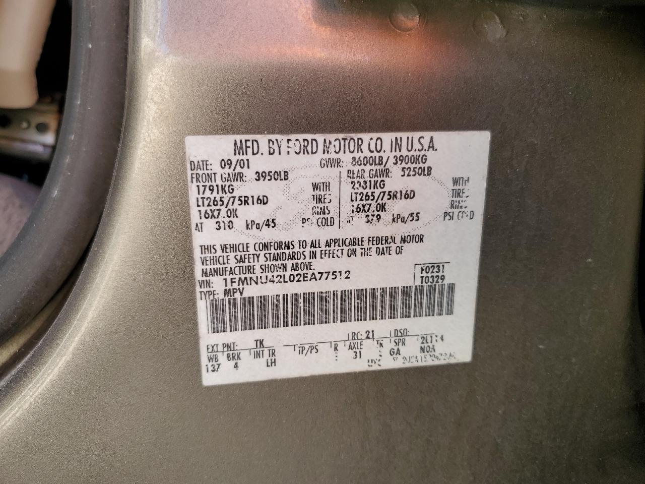 2002 Ford Excursion Limited VIN: 1FMNU42L02EA77512 Lot: 93017405