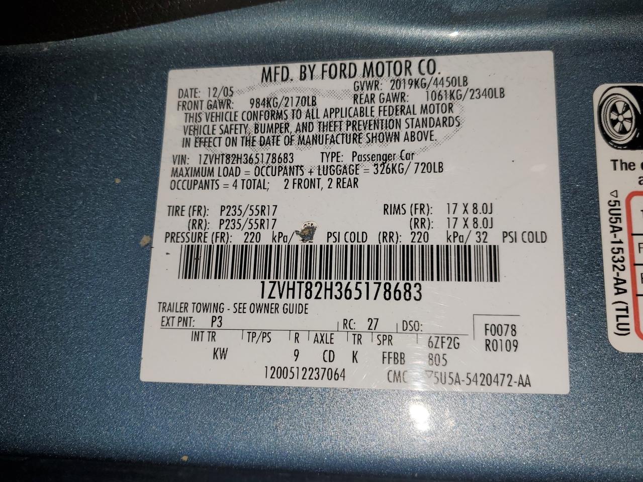 2006 Ford Mustang Gt VIN: 1ZVHT82H365178683 Lot: 93030925