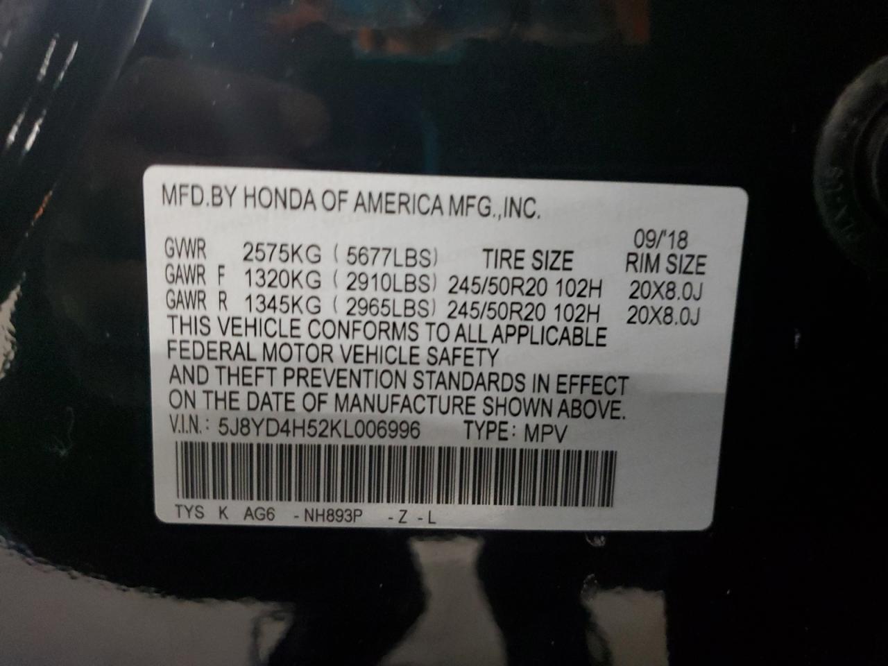 2019 Acura Mdx Technology VIN: 5J8YD4H52KL006996 Lot: 92389145