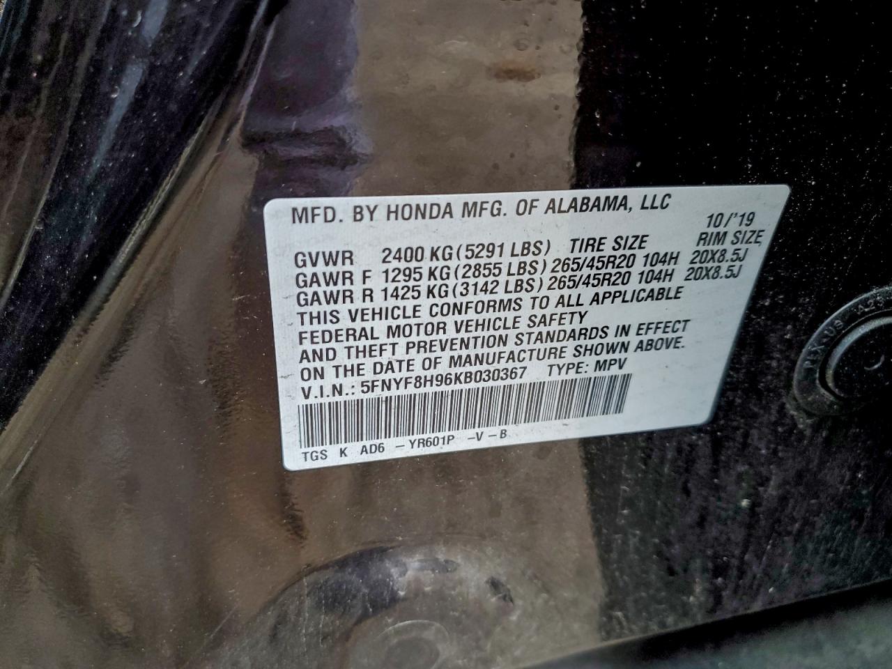 2019 Honda Passport Touring VIN: 5FNYF8H96KB030367 Lot: 93397315