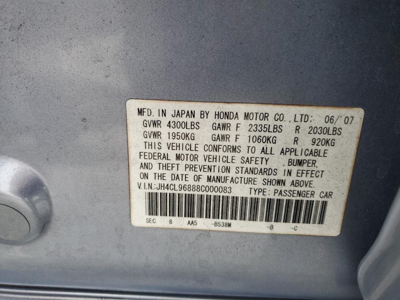 2008 Acura Tsx VIN: JH4CL96888C000083 Lot: 91200525