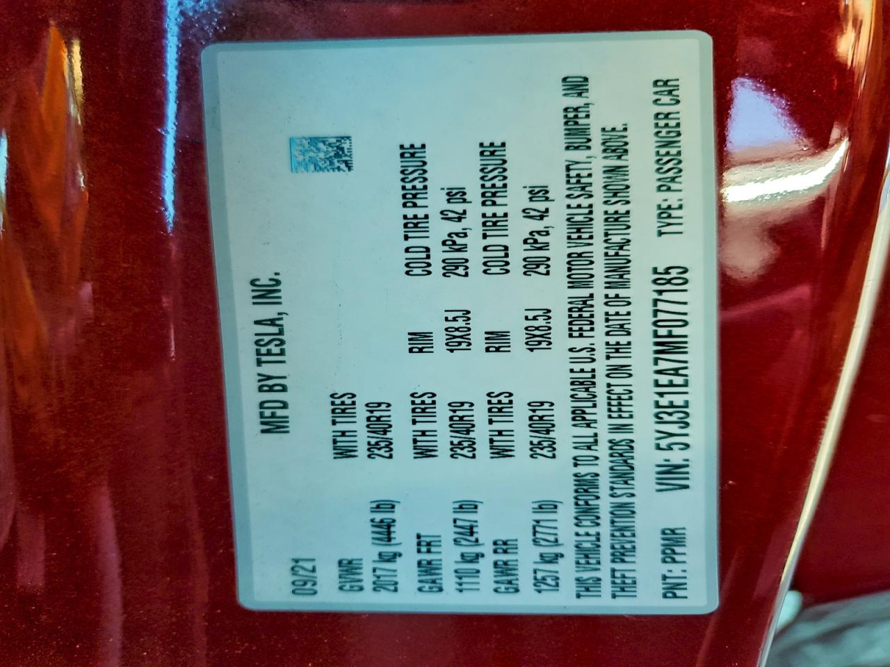 2021 Tesla Model 3 VIN: 5YJ3E1EA7MF077185 Lot: 93911365